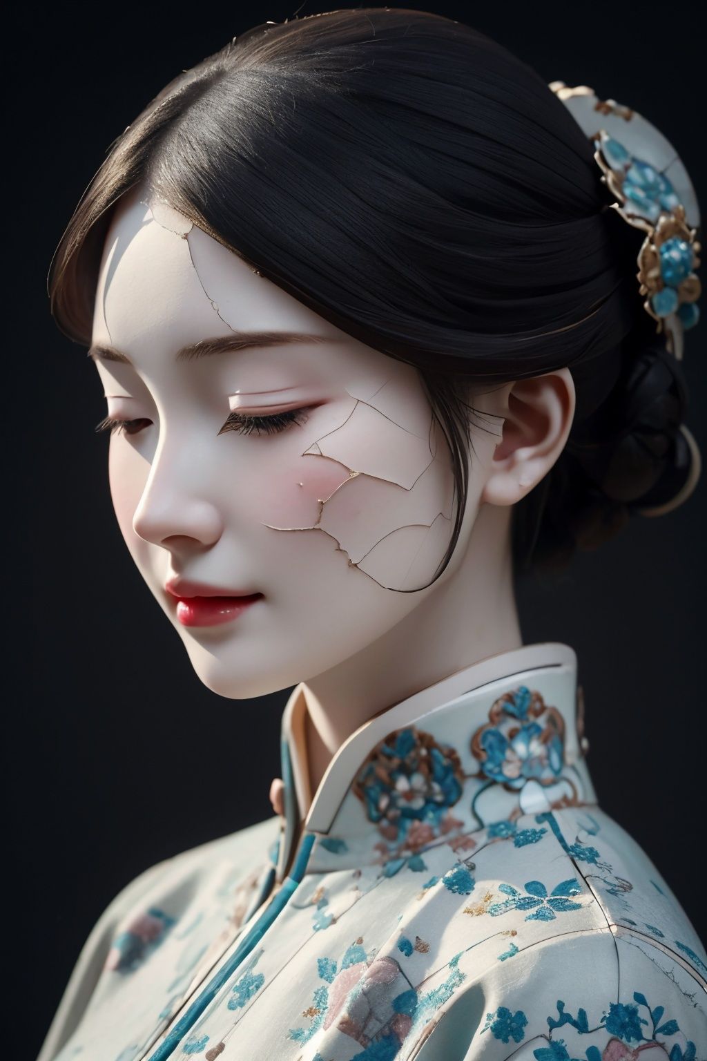 <lora:ciqiniren:0.75>,1girl,closed eyes,hair ornament,jewelry,skin made of porcelain,solo,yanshangyue_ciqiniren,, 1girl,solo,looking at viewer,Best quality,masterpiece,ultra high res,(photorealistic:1.4)