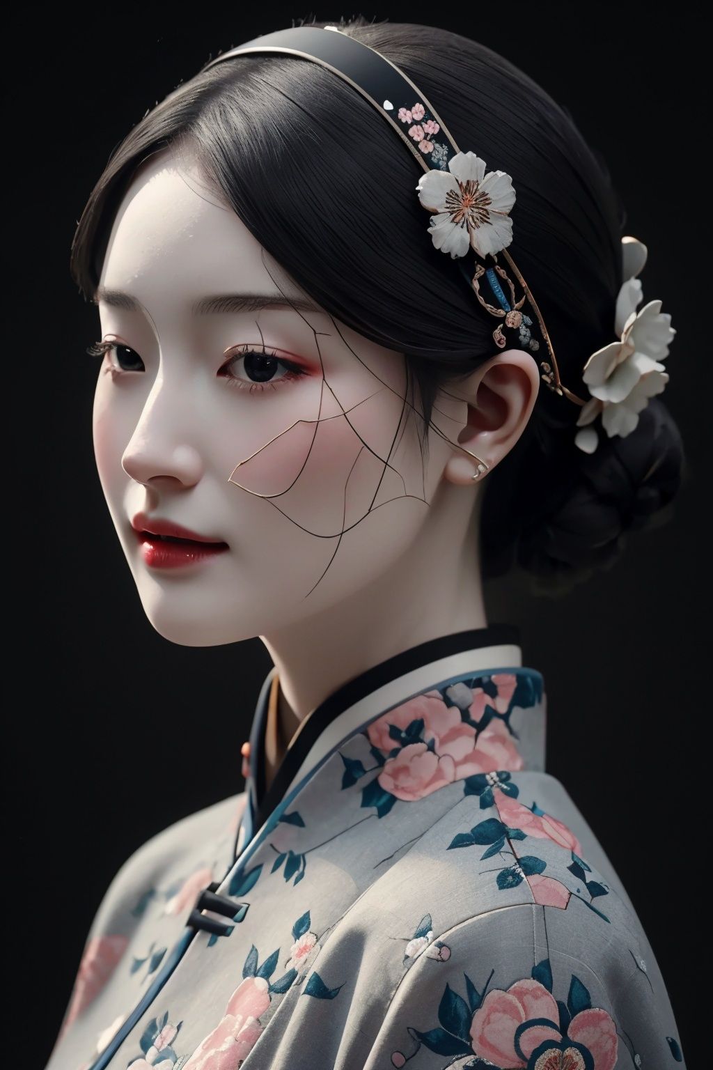 <lora:ciqiniren:0.75>,1girl,black background,floral print,hair ornament,jewelry,skin made of porcelain,solo,yanshangyue_ciqiniren,, 1girl,solo,looking at viewer,Best quality,masterpiece,ultra high res,(photorealistic:1.4)