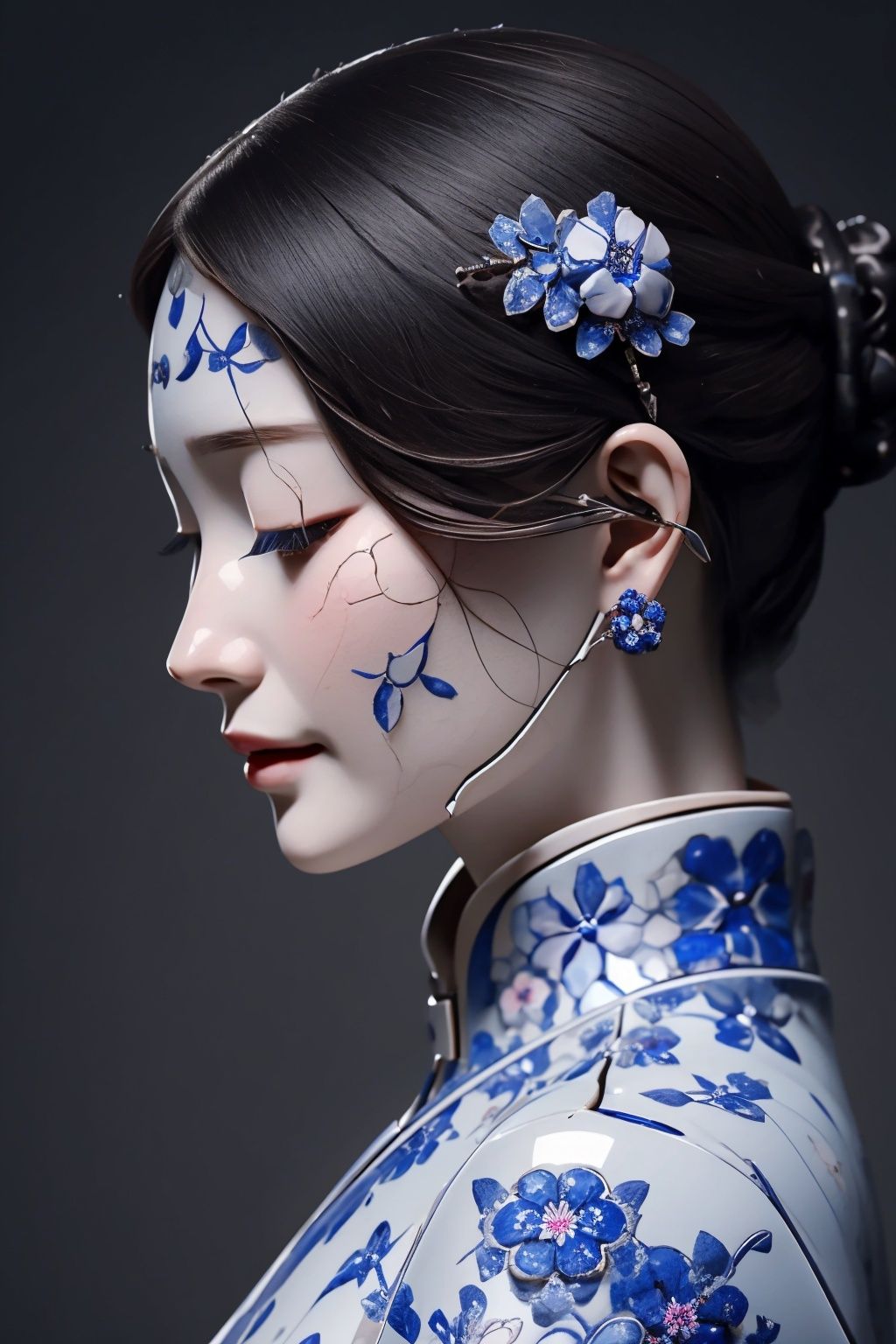 <lora:ciqiniren:0.85>,1girl,closed eyes,cyborg,flower,jewelry,simple background,skin made of porcelain,solo,yanshangyue_ciqiniren,<lora:DecorationBundlev2:0.45:lbw=body>,SilverSapphireAI,