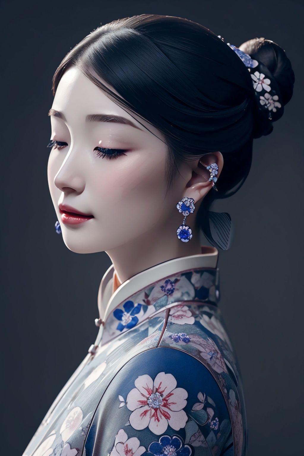 <lora:ciqiniren:0.85>,1girl,closed eyes,floral print,flower,jewelry,skin made of porcelain,solo,tattoo,updo,yanshangyue_ciqiniren,<lora:DecorationBundlev2:0.45:lbw=body>,SilverSapphireAI,