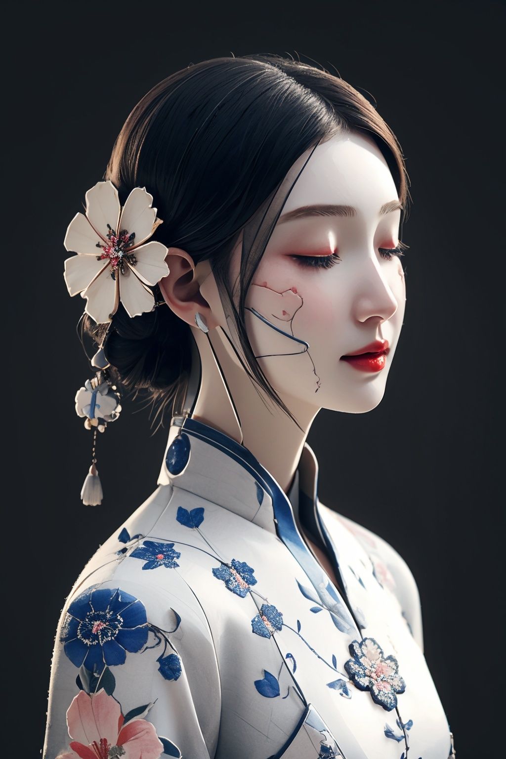 <lora:ciqiniren:0.85>,1girl,closed eyes,cyborg,flower,jewelry,simple background,skin made of porcelain,solo,yanshangyue_ciqiniren,