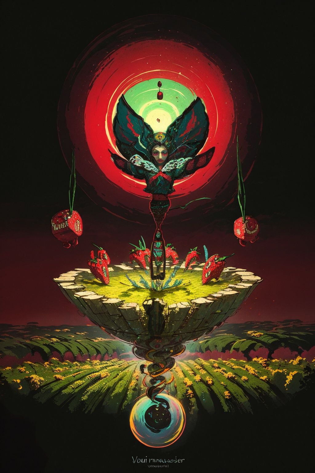 (masterpiece, best quality:1.5)<lora:EpicLogo-000008:0.8>, EpicLogo, Reimagine the imagination of illustration of rococo punk in surreal wonderland, in strange unusual strawberry field forever, drawn by oil on canvas in exotic surrealist in dmt-realm, Enlightenment era, maximalism, influenced by anna dittmann and Dali, background inspired by Naomi Okubo, Asymmetrical, volumetric lighting, nice and majestic, object rimlight, dark fantasy, 