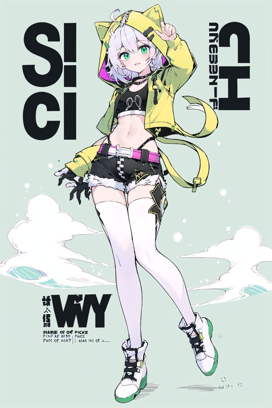 best, 8k, UHD, masterpiece, bright, high quality, flat color, 1girl, (green background:1.2), head lift, air bubble, Ultra-Wide Angle, text censor, solo, video game cover, zettai ryouiki, mosaic censoring, silhouette, ahoge, from below, (wall of text:1.2), number background,(full body:1.2),(looking at viewer:1.2), beach,light smile,, (sw2: sw2, black shorts, green jacket, cat hood, pink belt:1.1), qiyana: blue eyes, short white hair,, good hands, nice hands,bare hands,(beautiful_face), ((intricate_detail)), (revealing clothes:1.2), clear face,((finely_detailed)), fine_fabric_emphasis,((glossy)),