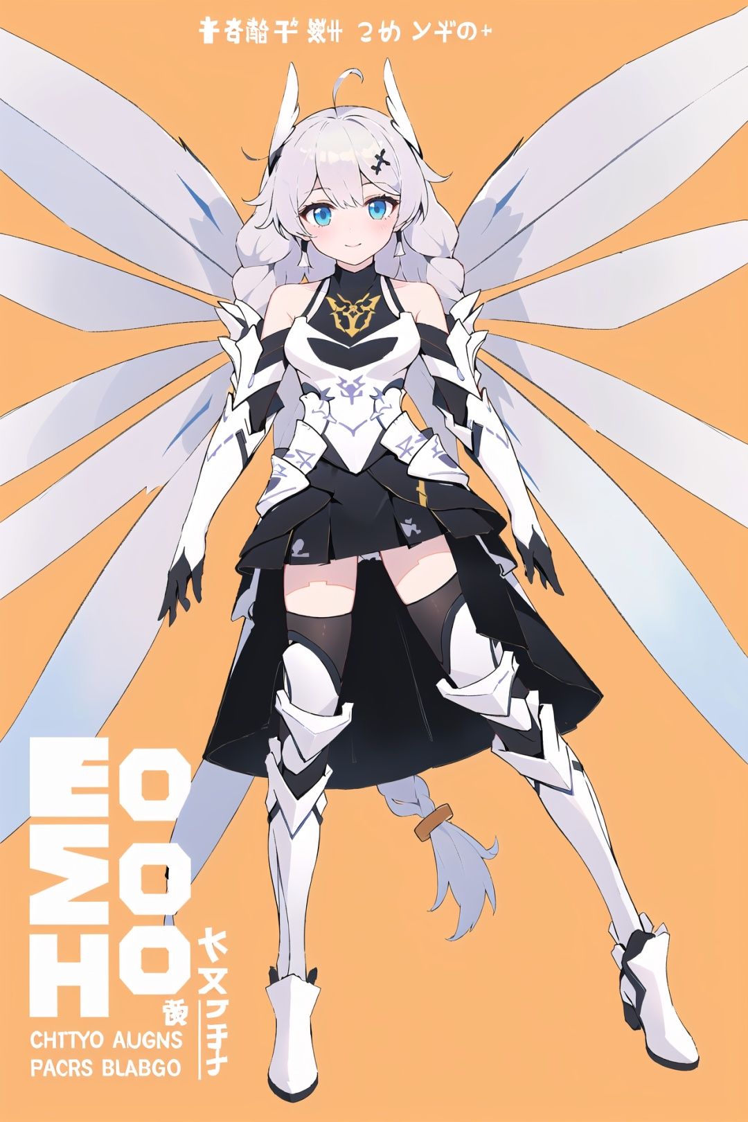 best, 8k, UHD, masterpiece, bright, high quality, flat color, 1girl, (orange background:1.2), head lift, air bubble, Ultra-Wide Angle, text censor, solo, video game cover, zettai ryouiki, mosaic censoring, silhouette, ahoge, from below, (wall of text:1.2), number background,(full body:1.2),(looking at viewer:1.2),light smile
\\\\\\\\\\\\\\\\\\\\\\\\\\\\\\\\\\\\, 
(yueguang: yueguang, white armor, orange Light wings, winged hair ornament:1.1), energy wings, white cuish, blue eyes, long white hair, twin braids,bare shoulders,
\\\\\\\\\\\\\\\\\\\\\\\\\\\\\\\\\\\\\\\\\\\\\\\\\\\\
 good hands, nice hands,bare hands,(beautiful_face), ((intricate_detail)), (revealing clothes:1.2), clear face,((finely_detailed)), fine_fabric_emphasis,((glossy)),