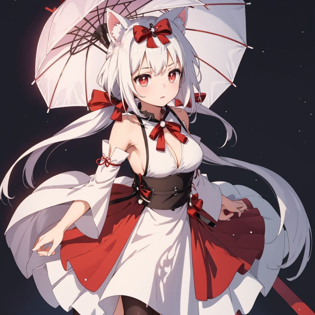 1girl,  solo,  long hair,  looking at viewer,  large breasts,  simple background,  red eyes,  white background,  dress,  bow,  holding,  cleavage,  hair between eyes,  bare shoulders,  twintails,  closed mouth,  white hair,  hair bow,  detached sleeves,  sleeveless,  wide sleeves,  white dress,  red bow,  animal ear fluff,  clothing cutout,  sleeveless dress,  low twintails,  umbrella,  white sleeves,  holding umbrella,  oil-paper umbrella,  cat ears, <lora:EMS-34881-EMS:0.700000>