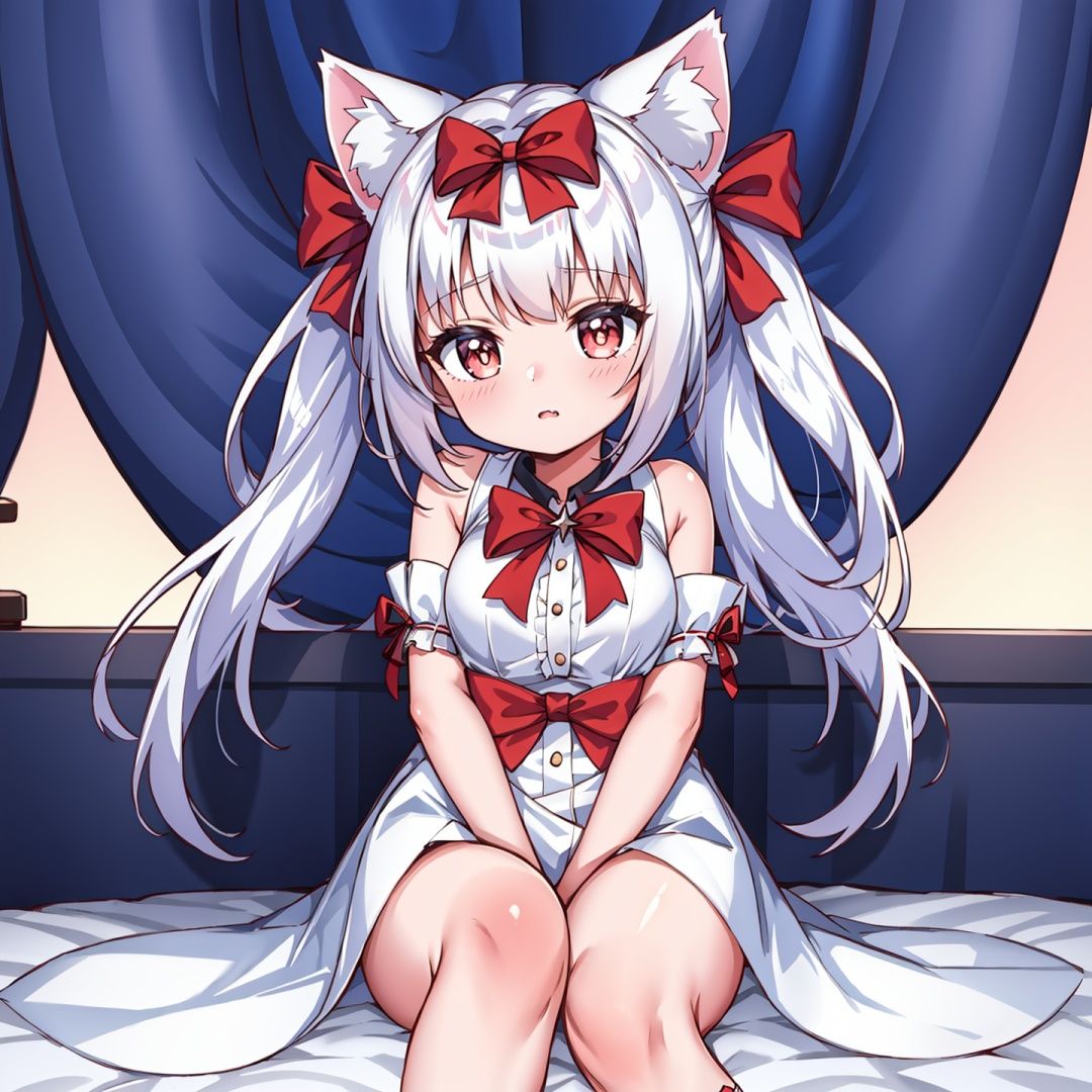 A girl sitting on a bed,  cat ears,  red bow,  white hair,  all over., <lora:EMS-34881-EMS:0.600000>