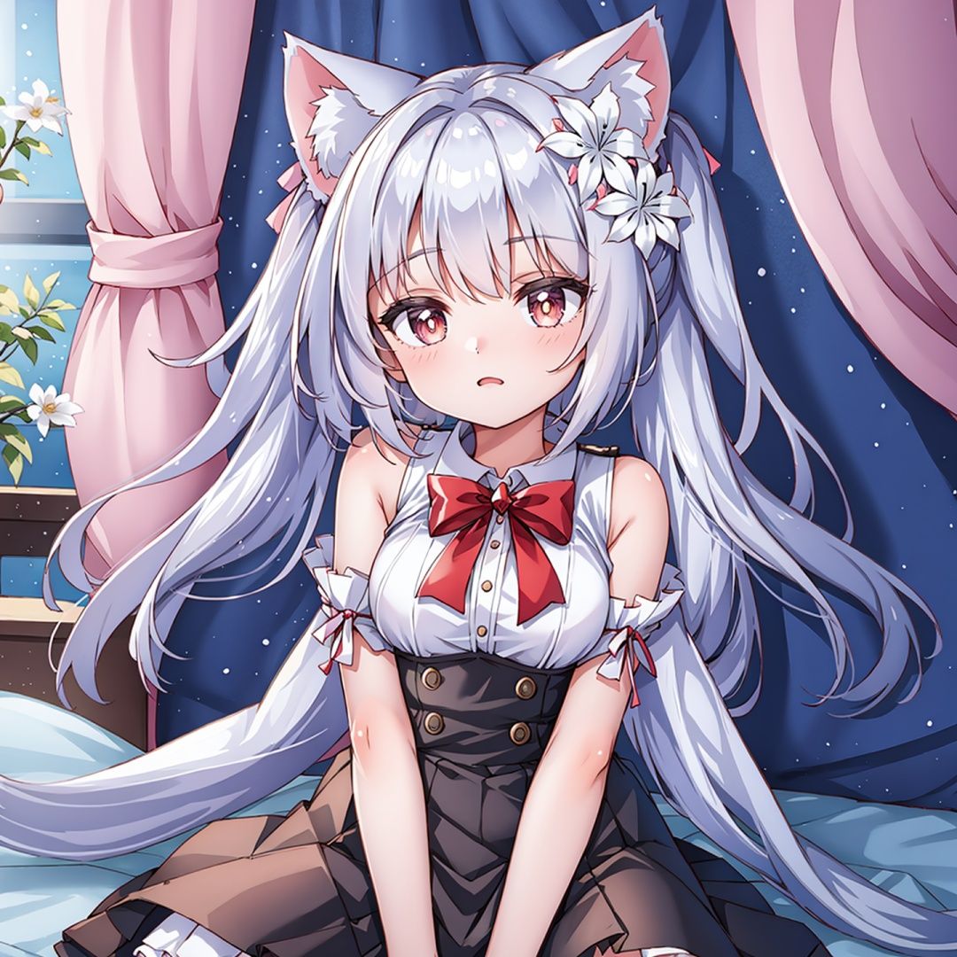 A girl sitting on a bed,  cat ears,  flowers.,  white hair, <lora:EMS-34881-EMS:0.700000>