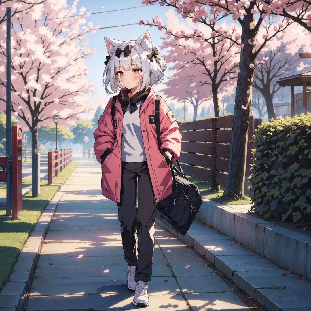 1girl walking on a path in the park, Wearing cotton pants and a cotton jacket,  cat ears,  black bow,  white hair,  all over., <lora:EMS-34881-EMS:0.700000>