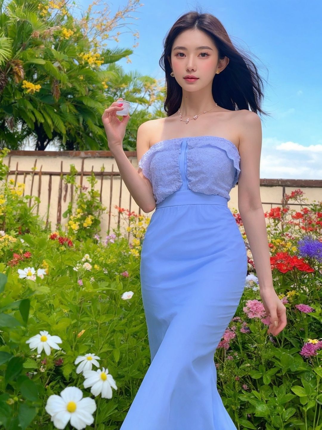 holiday, woman, I saw a snow-white oval face,  curved eyebrows,  and sad phoenix eyes. She is actually a very beautiful woman. Standing in the water,  the water is filled with various flowers, perfect fit, photo-realistic