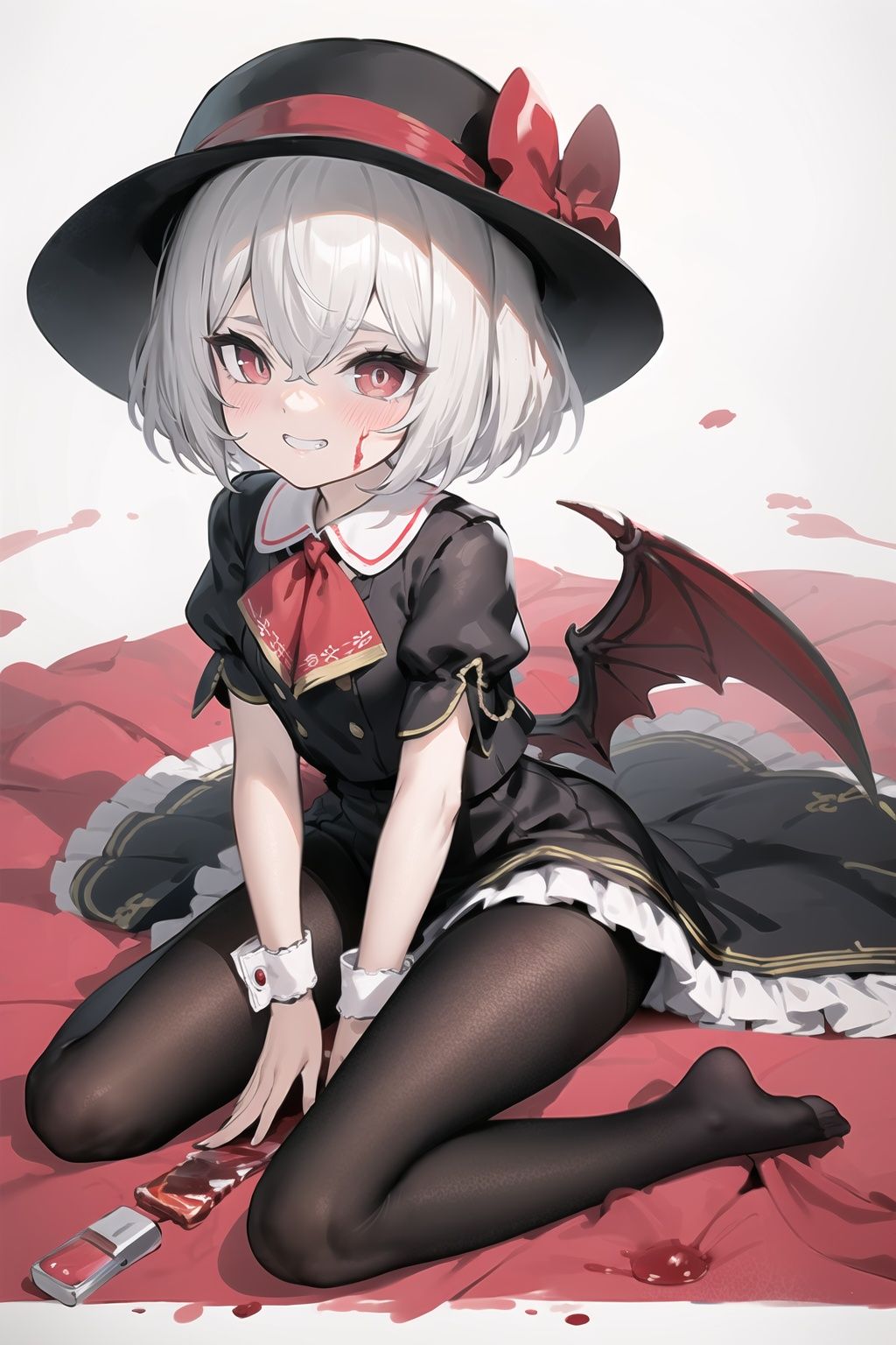 (little girl:1.4), (child:1.4),(petite:1.4), (loli:1.4),,,((solo:1.3)).,1girl, solo, wings, red eyes, hat, remilia scarlet, red background, mob cap, bat wings, ascot, blood, short sleeves, bow, short hair, ribbon, blood on hands, looking at viewer, simple background, full body, puffy sleeves, hat ribbon, blood on face, dress, brooch, red nails, pantyhose, red bow, puffy short sleeves, smile, black pantyhose, wrist cuffs, red ribbon, sitting, jewelry, red ascot, frills, hair between eyes, skirt, white dress, fingernails, sash, shirt, nail polish, no shoes, red theme, sharp fingernails, bangs, tongue, hat bow, grey hair, closed mouth, tongue out, white headwear, slit pupils, blood on clothes, skirt set, hand up, frilled sleeves, invisible chair, white skirt, vampire, frilled shirt collar/.,\nSolo,Battle, {{{{{Slash}}}}},Killing,Attacker,{{Fierce movement}},Ninja,Bloodstain,Core shadow,splatter,{Blood},{{{{Battle scene}}}},angry,Intricate,,{{{Dynamic angle}}},{Stylish pose},{High contrast,Extremely detailed CG unity 8K wallpaper} Sense of movement,blurry background,Kaotic,Lunatic,[[[[[hyper paint, rough design, flat color]]]]],Grin,Whole body,Colorful background,Intricate,Girl wearing black suit,Looking at viewers,{{Stylish}},Persona 5 style art,{{{all out attack(persona 5)}}}