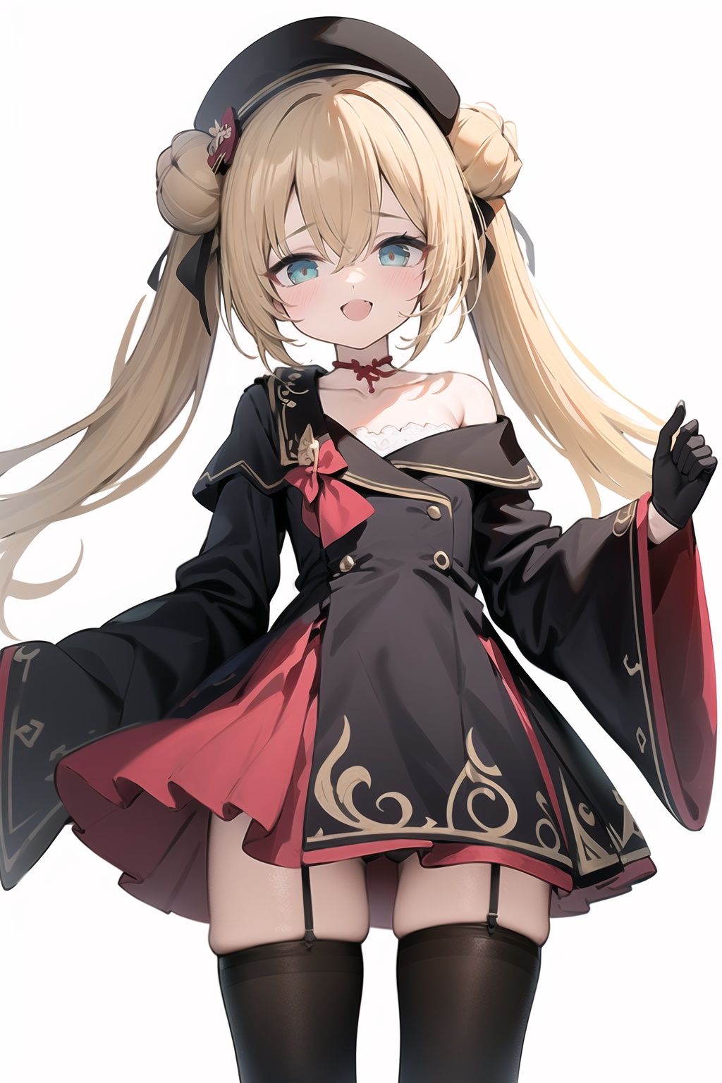 1girl, dress, double bun, hair bun, long hair, black dress, twintails, looking at viewer, smile, hat, bangs, brown hair, white background, solo, open mouth, blush, black headwear, very long hair, garter straps, thighhighs, bare shoulders, beret, :d, ribbon, black gloves, simple background, long sleeves, nail polish, black footwear, red ribbon, bow, gloves, wide sleeves, animal, hair ribbon, boots, red nails, sheath, sheathed, hair between eyes