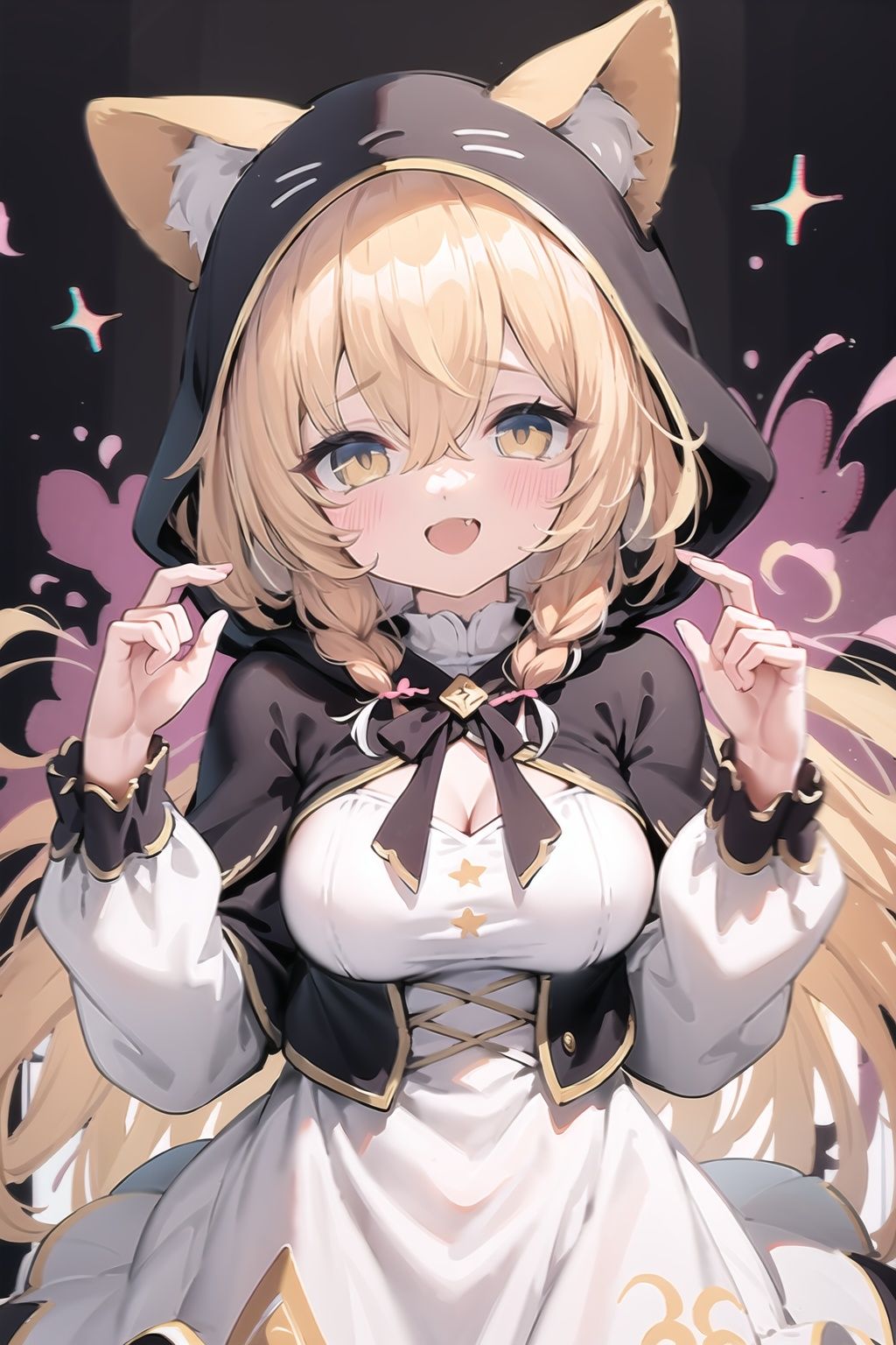 masterpiece, ((best quality)),  dynamic angle, chromatic aberration, ((colorful)),1girl, solo, hood, animal hood, breasts, frills, smile, hood up, yellow eyes, capelet, hair between eyes, blush, dress, long sleeves, looking at viewer, animal ears, large breasts, black ribbon, bangs, puffy long sleeves, :d, frilled dress, hand up, open mouth, white dress, puffy sleeves, hooded capelet, virtual youtuber, frilled capelet, fang, white capelet, star (symbol)