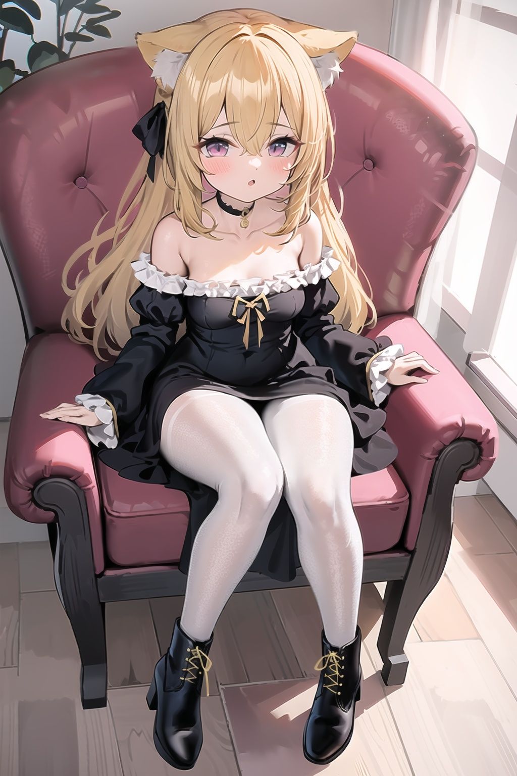 masterpiece, ((best quality)),  dynamic angle, chromatic aberration, ((colorful)),1girl, animal ears, dress, tail, solo, long hair, pantyhose, purple eyes, cat ears, cat, cat girl, cat tail, black dress, white pantyhose, standing, indoors, black footwear, animal ear fluff, looking at viewer, flower, off shoulder, full body, frilled dress, brown hair, long sleeves, blush, bangs, plant, choker, bare shoulders, potted plant, wooden floor, black choker, frills, boots, parted lips, very long hair, animal, blonde hair, chair, bow, collarbone, puffy sleeves, hair between eyes, shoes, black collar