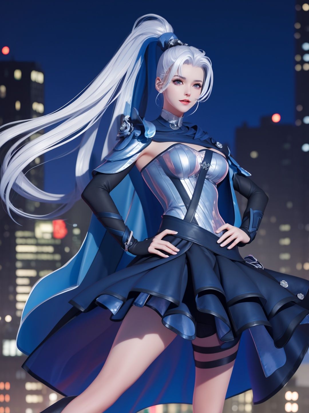 WZRYhuamulanMQJF, 1girl, long hair, solo, ponytail, cape, white hair, jewelry, dress, blue eyes, black gloves, armor, breasts,  <lora:WZRYhuamulanMQJF:0.75>,cityscape, night, looking at viewer, mature female, hand on hip, 