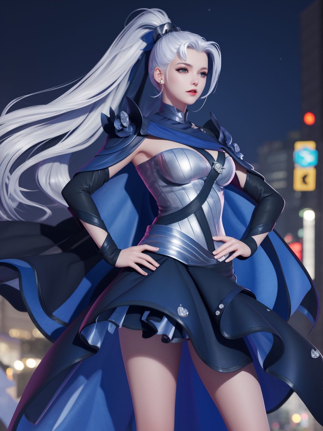 WZRYhuamulanMQJF, 1girl, long hair, solo, ponytail, cape, white hair, jewelry, dress, blue eyes, black gloves, armor, breasts,  <lora:WZRYhuamulanMQJF:0.75>,cityscape, night, looking at viewer, mature female, hand on hip, 