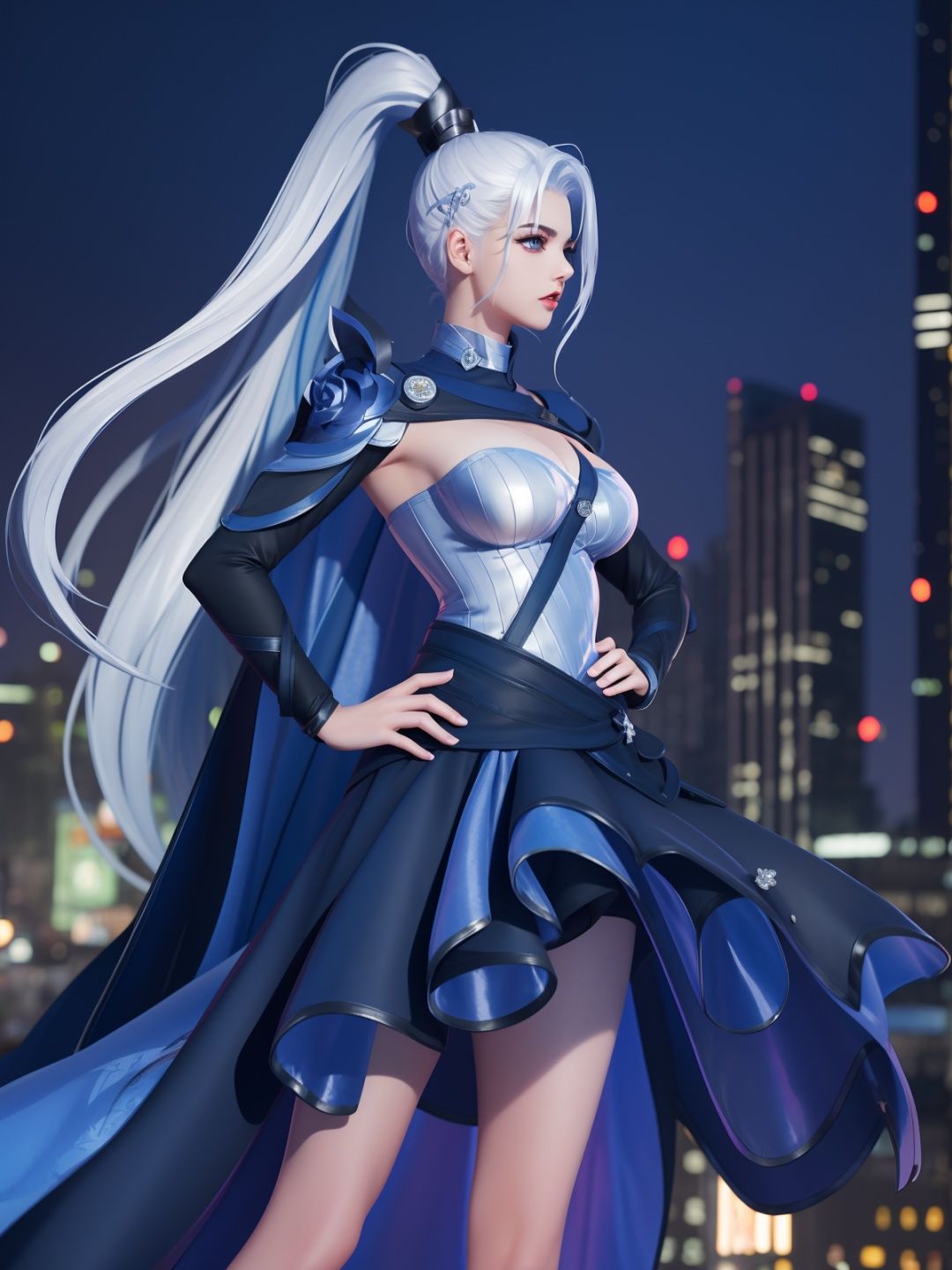WZRYhuamulanMQJF, 1girl, long hair, solo, ponytail, cape, white hair, jewelry, dress, blue eyes, black gloves, armor, breasts,  <lora:WZRYhuamulanMQJF:0.75>,cityscape, night, looking at viewer, mature female, hand on hip, 