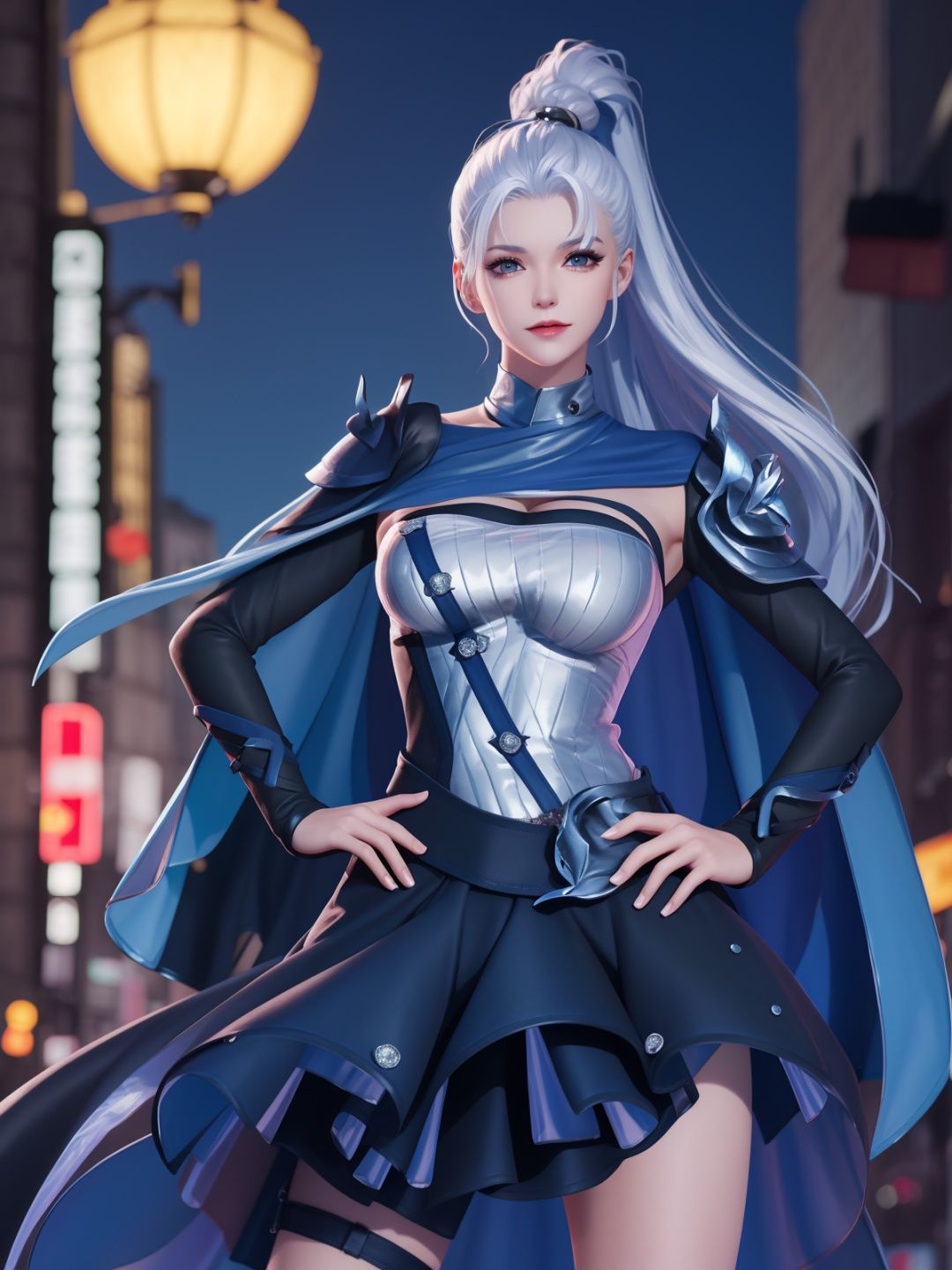 WZRYhuamulanMQJF, 1girl, long hair, solo, ponytail, cape, white hair, jewelry, dress, blue eyes, black gloves, armor, breasts,  <lora:WZRYhuamulanMQJF:0.75>,cityscape, night, looking at viewer, mature female, hand on hip, 