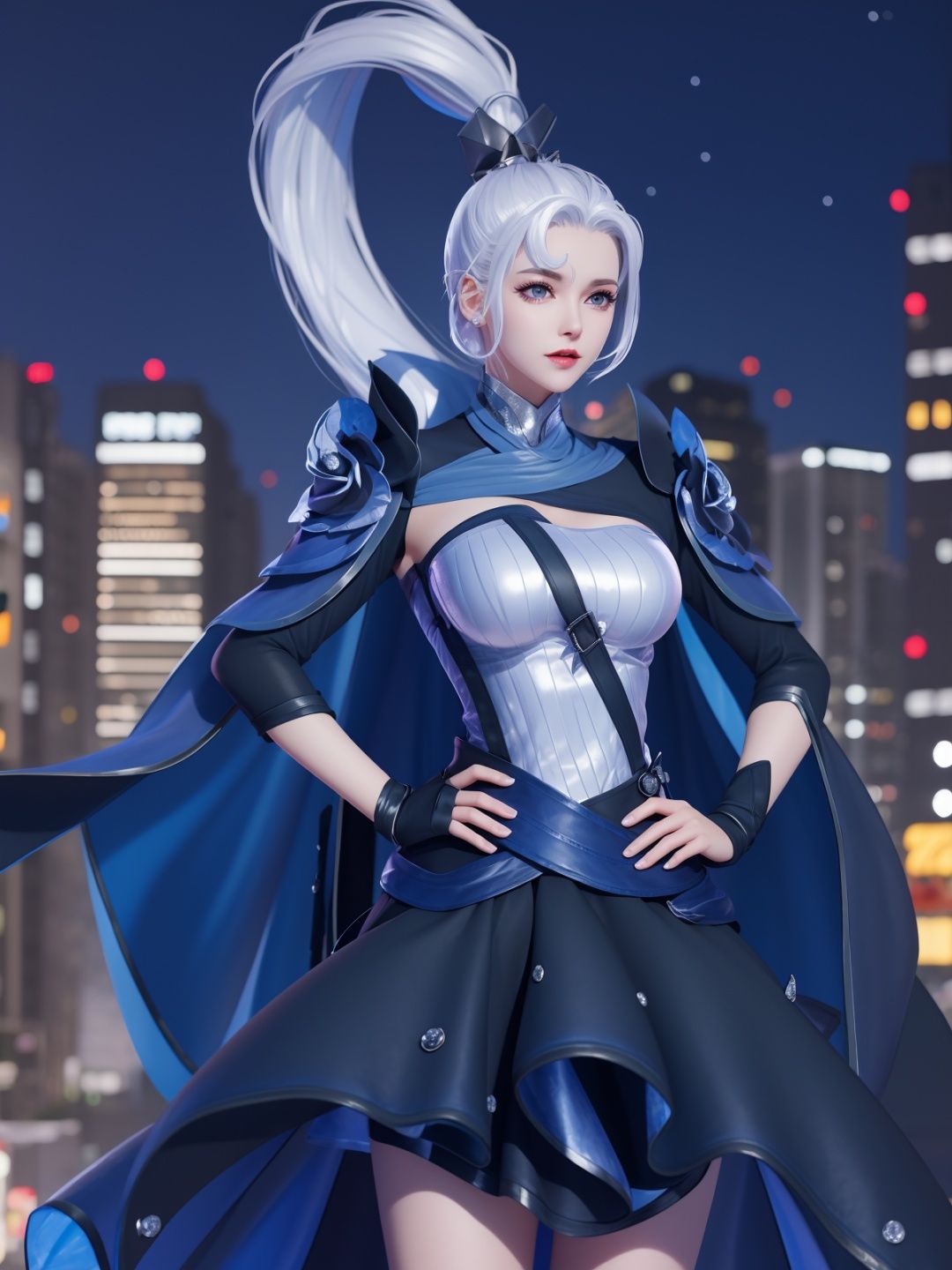 WZRYhuamulanMQJF, 1girl, long hair, solo, ponytail, cape, white hair, jewelry, dress, blue eyes, black gloves, armor, breasts,  <lora:WZRYhuamulanMQJF:0.75>,cityscape, night, looking at viewer, mature female, hand on hip, 