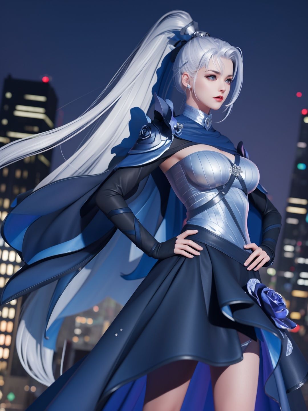 WZRYhuamulanMQJF, 1girl, long hair, solo, ponytail, cape, white hair, jewelry, dress, blue eyes, black gloves, armor, breasts,  <lora:WZRYhuamulanMQJF:0.75>,cityscape, night, looking at viewer, mature female, hand on hip, 