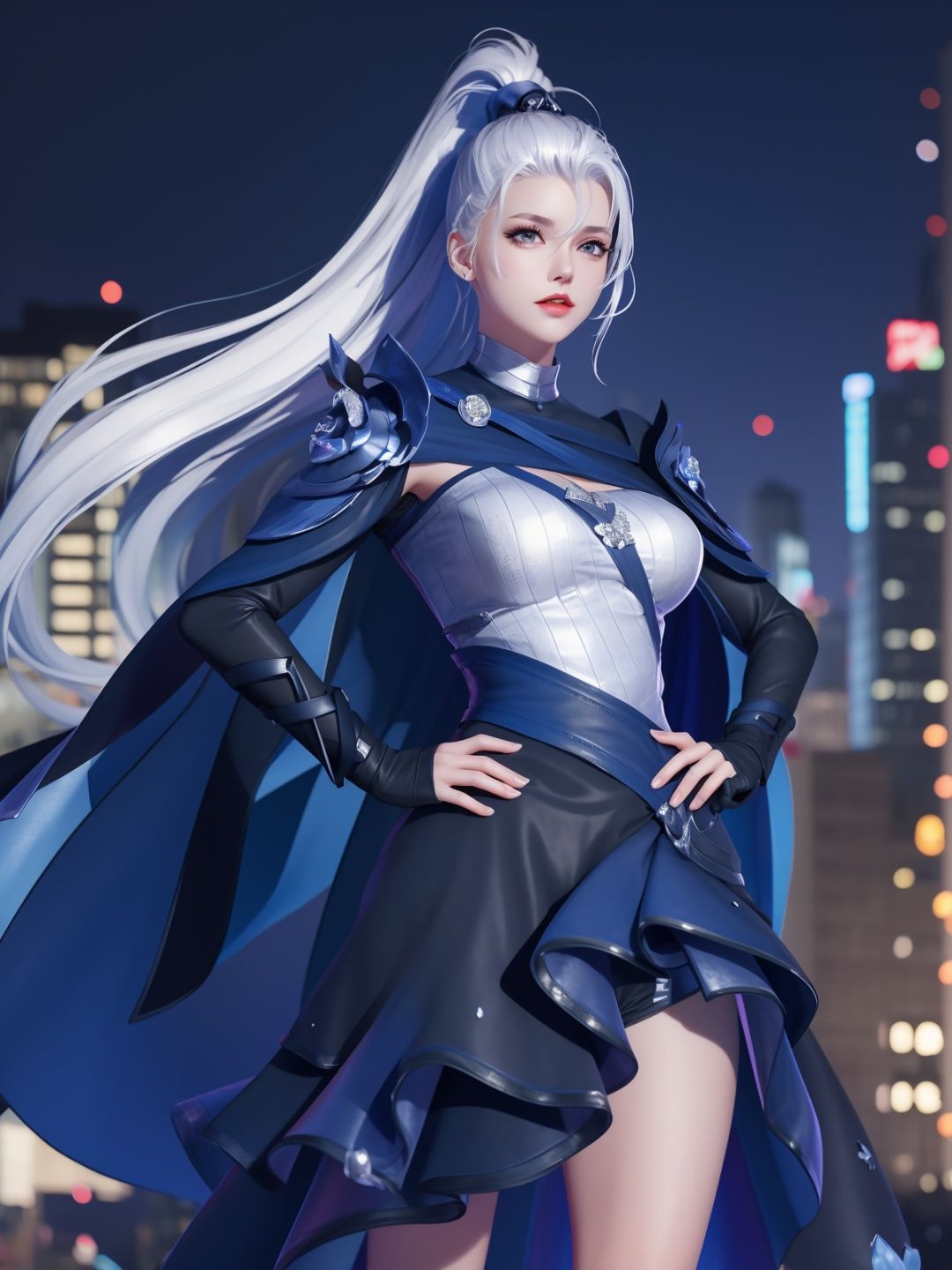 WZRYhuamulanMQJF, 1girl, long hair, solo, ponytail, cape, white hair, jewelry, dress, blue eyes, black gloves, armor, breasts,  <lora:WZRYhuamulanMQJF:0.75>,cityscape, night, looking at viewer, mature female, hand on hip, 