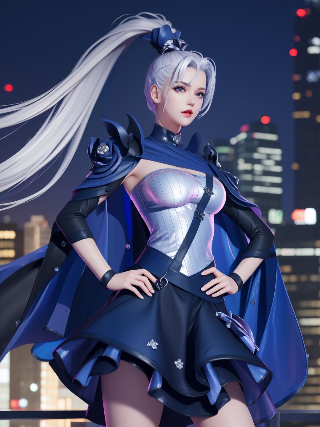 WZRYhuamulanMQJF, 1girl, long hair, solo, ponytail, cape, white hair, jewelry, dress, blue eyes, black gloves, armor, breasts,  <lora:WZRYhuamulanMQJF:0.75>,cityscape, night, looking at viewer, mature female, hand on hip, 