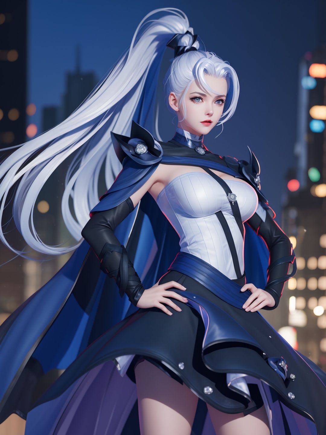 WZRYhuamulanMQJF, 1girl, long hair, solo, ponytail, cape, white hair, jewelry, dress, blue eyes, black gloves, armor, breasts,  <lora:WZRYhuamulanMQJF:0.75>,cityscape, night, looking at viewer, mature female, hand on hip, 