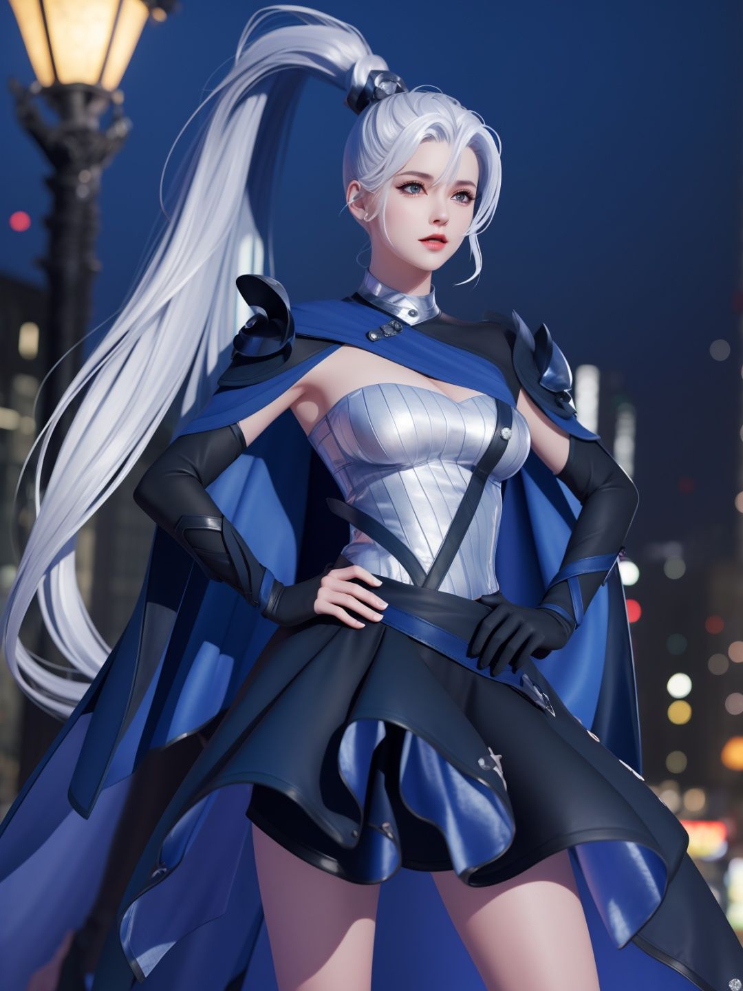 WZRYhuamulanMQJF, 1girl, long hair, solo, ponytail, cape, white hair, jewelry, dress, blue eyes, black gloves, armor, breasts,  <lora:WZRYhuamulanMQJF:0.75>,cityscape, night, looking at viewer, mature female, hand on hip, 