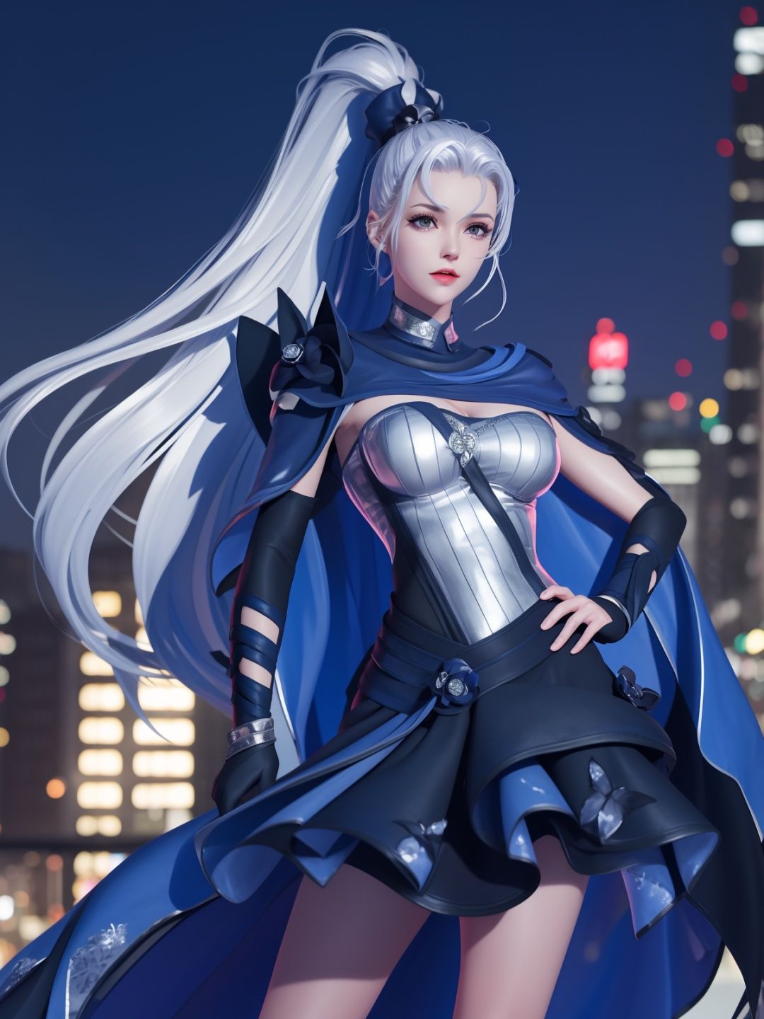 WZRYhuamulanMQJF, 1girl, long hair, solo, ponytail, cape, white hair, jewelry, dress, blue eyes, black gloves, armor, breasts,  <lora:WZRYhuamulanMQJF:0.75>,cityscape, night, looking at viewer, mature female, hand on hip, 