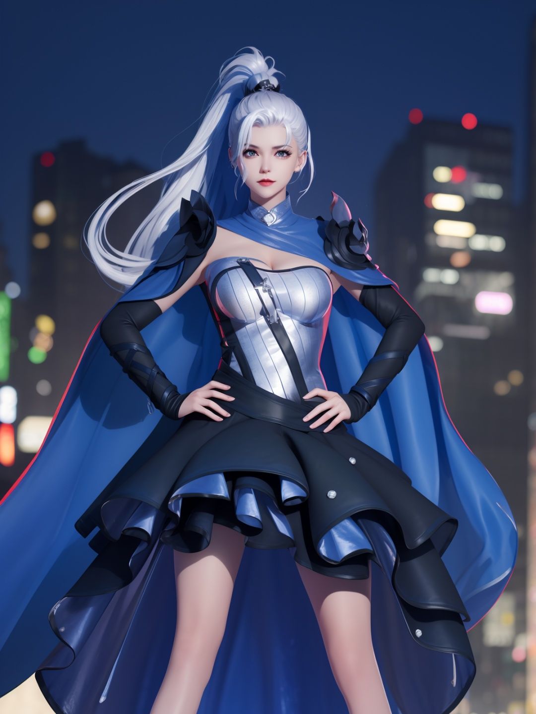 WZRYhuamulanMQJF, 1girl, long hair, solo, ponytail, cape, white hair, jewelry, dress, blue eyes, black gloves, armor, breasts,  <lora:WZRYhuamulanMQJF:0.75>,cityscape, night, looking at viewer, mature female, hand on hip, 