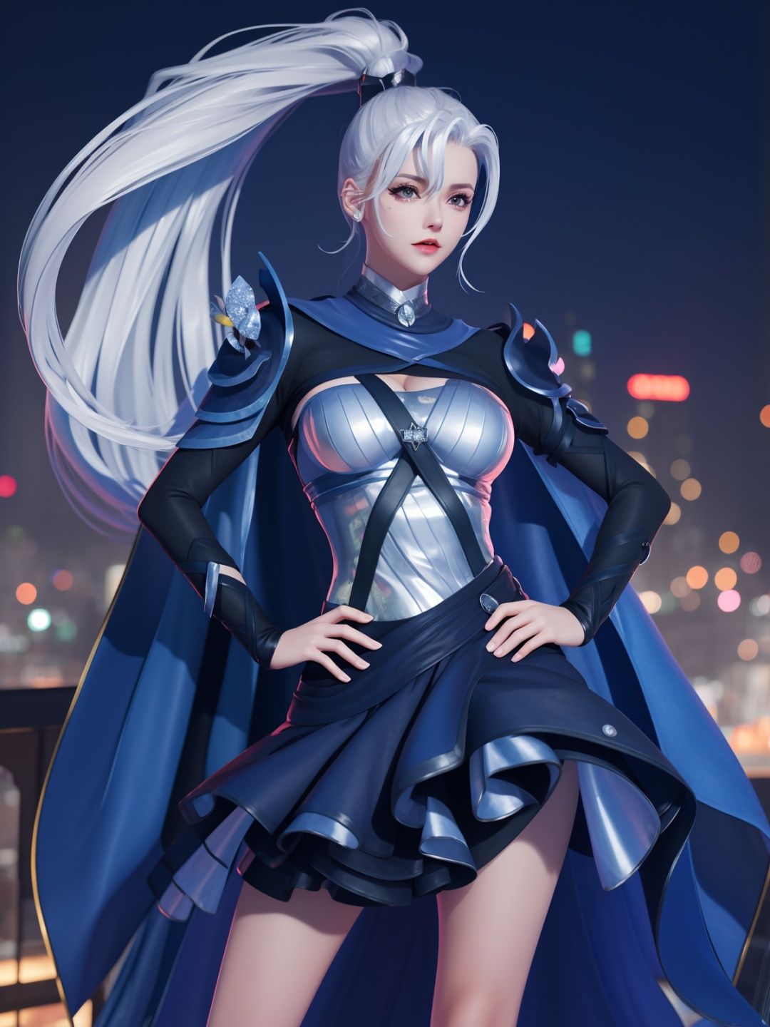 WZRYhuamulanMQJF, 1girl, long hair, solo, ponytail, cape, white hair, jewelry, dress, blue eyes, black gloves, armor, breasts,  <lora:WZRYhuamulanMQJF:0.75>,cityscape, night, looking at viewer, mature female, hand on hip, 
