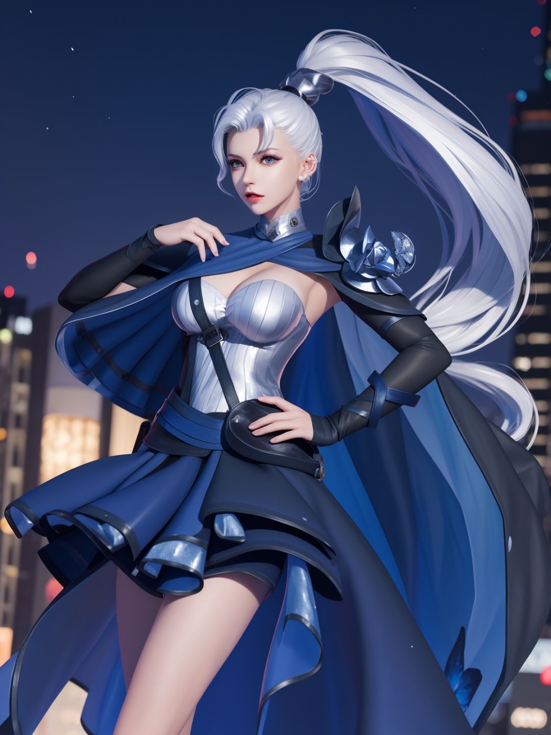 WZRYhuamulanMQJF, 1girl, long hair, solo, ponytail, cape, white hair, jewelry, dress, blue eyes, black gloves, armor, breasts,  <lora:WZRYhuamulanMQJF:0.75>,cityscape, night, looking at viewer, mature female, hand on hip, 
