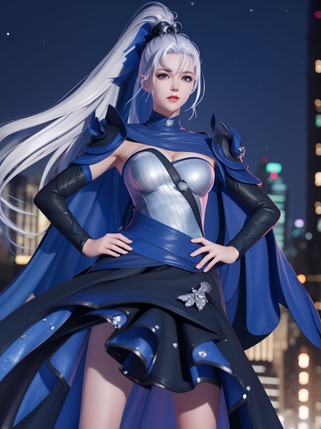 WZRYhuamulanMQJF, 1girl, long hair, solo, ponytail, cape, white hair, jewelry, dress, blue eyes, black gloves, armor, breasts,  <lora:WZRYhuamulanMQJF:0.75>,cityscape, night, looking at viewer, mature female, hand on hip, 