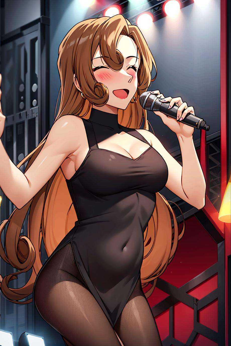 masterpiece,best quality,high quality,1girl, long hair,medium breasts,nose blush,sleeveless dress,earrings, indoors,stage,fantasy,stage lights, happy,microphone, singing,color,<lora:yukikotv:0.8> yukikotv,