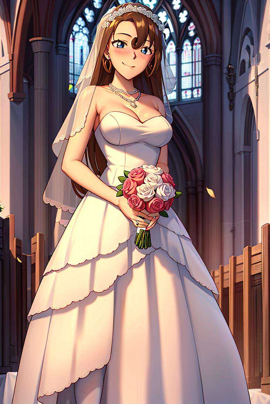masterpiece,best quality,high quality,1girl, long hair,medium breasts,(wedding dress:1.3),nose blush,happy, wedding, jewelry, earrings, necklace, happy, church,flower, looking at viewer,Holding flowers,closed mouth,lipstick, skirt, pantyhose,standing, <lora:yukikotv:0.8> yukikotv