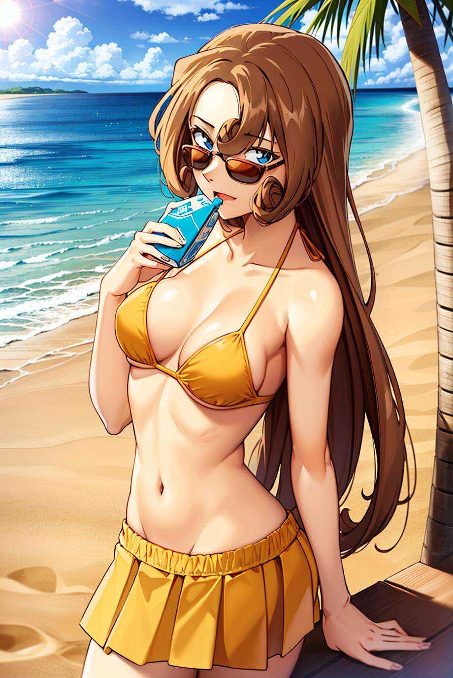 masterpiece,best quality,high quality,1girl, long hair,medium breasts,ocean, sand, beach, tree, sunlight, sun,sky,side-tie bikini bottom, sunglasses, embarrassed, juice box, skirt, <lora:yukikotv:0.8> yukikotv