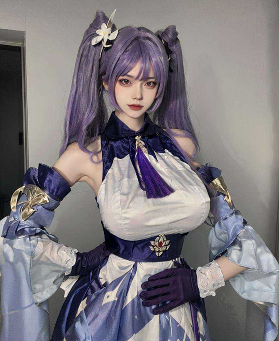 (masterpiece, best quality:1.4),finely detailed,1girl,solo,(pale skin:1.1),perfect body,glossy skin,(Supergiant huge breasts:1.3),<lora:修女cos服v1.0:0.75:mb>,keqing \(genshin impact\),gloves,cone hair bun,purple hair,jewelry,earrings,dress,hair bun,long hair,looking at viewer,detached sleeves,twintails,hair ornament,bangs,purple gloves,purple dress,bare shoulders,double bun,realistic,black eyes,<lora:刻晴:0.75>,