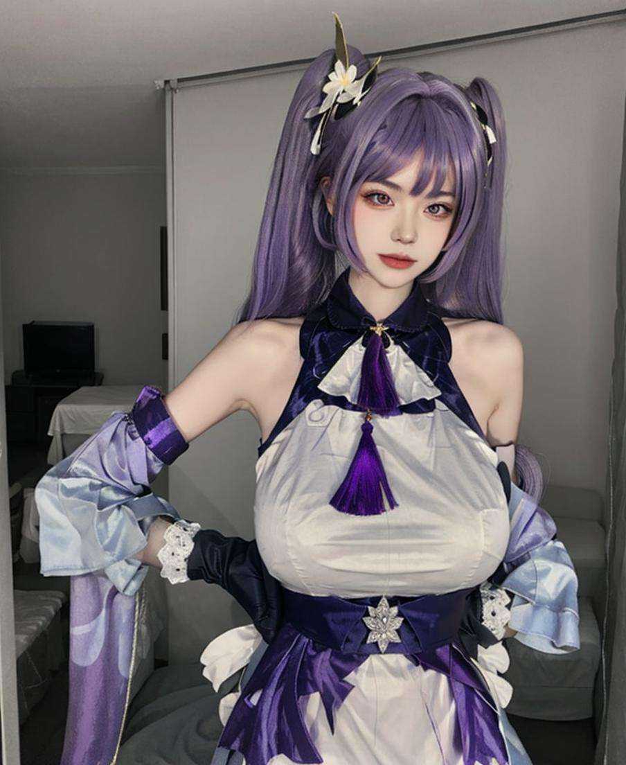 (masterpiece, best quality:1.4),finely detailed,1girl,solo,(pale skin:1.1),perfect body,glossy skin,(Supergiant huge breasts:1.3),<lora:修女cos服v1.0:0.75:mb>,keqing \(genshin impact\),gloves,cone hair bun,purple hair,jewelry,earrings,dress,hair bun,long hair,looking at viewer,detached sleeves,twintails,hair ornament,bangs,purple gloves,purple dress,bare shoulders,double bun,realistic,black eyes,<lora:刻晴:0.75>,