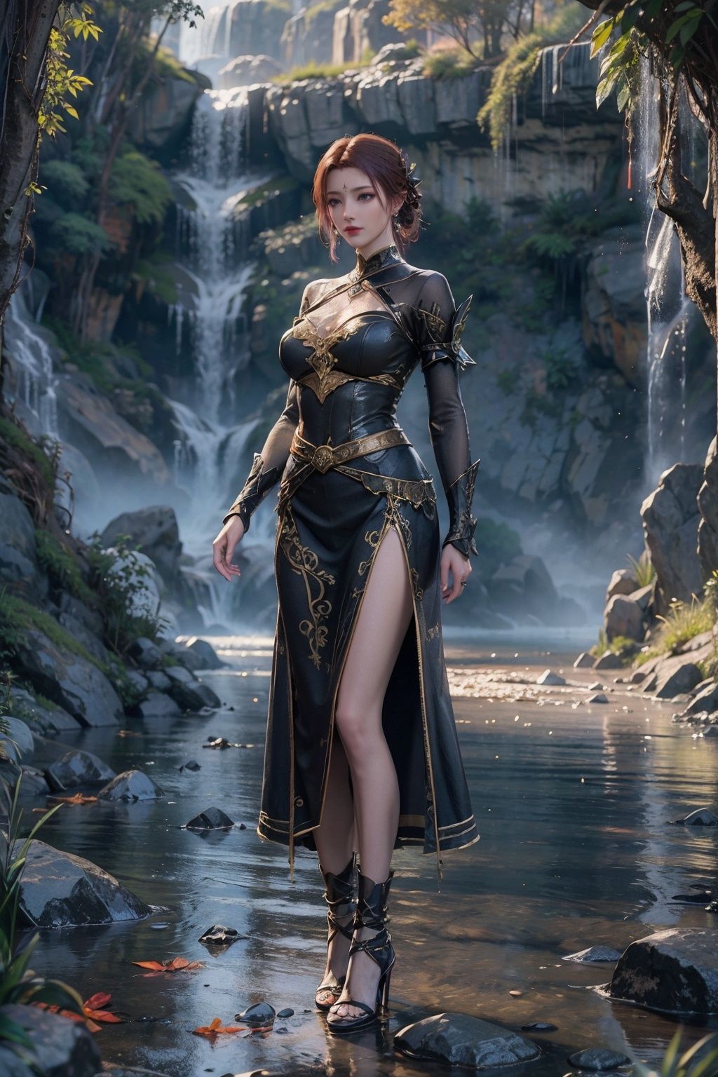 masterpiece,best quality,official art,extremely detailed CG unity 8k wallpaper,1girl, full body, light rays, light particles, waterfall,   <lora:雅妃:0.6>