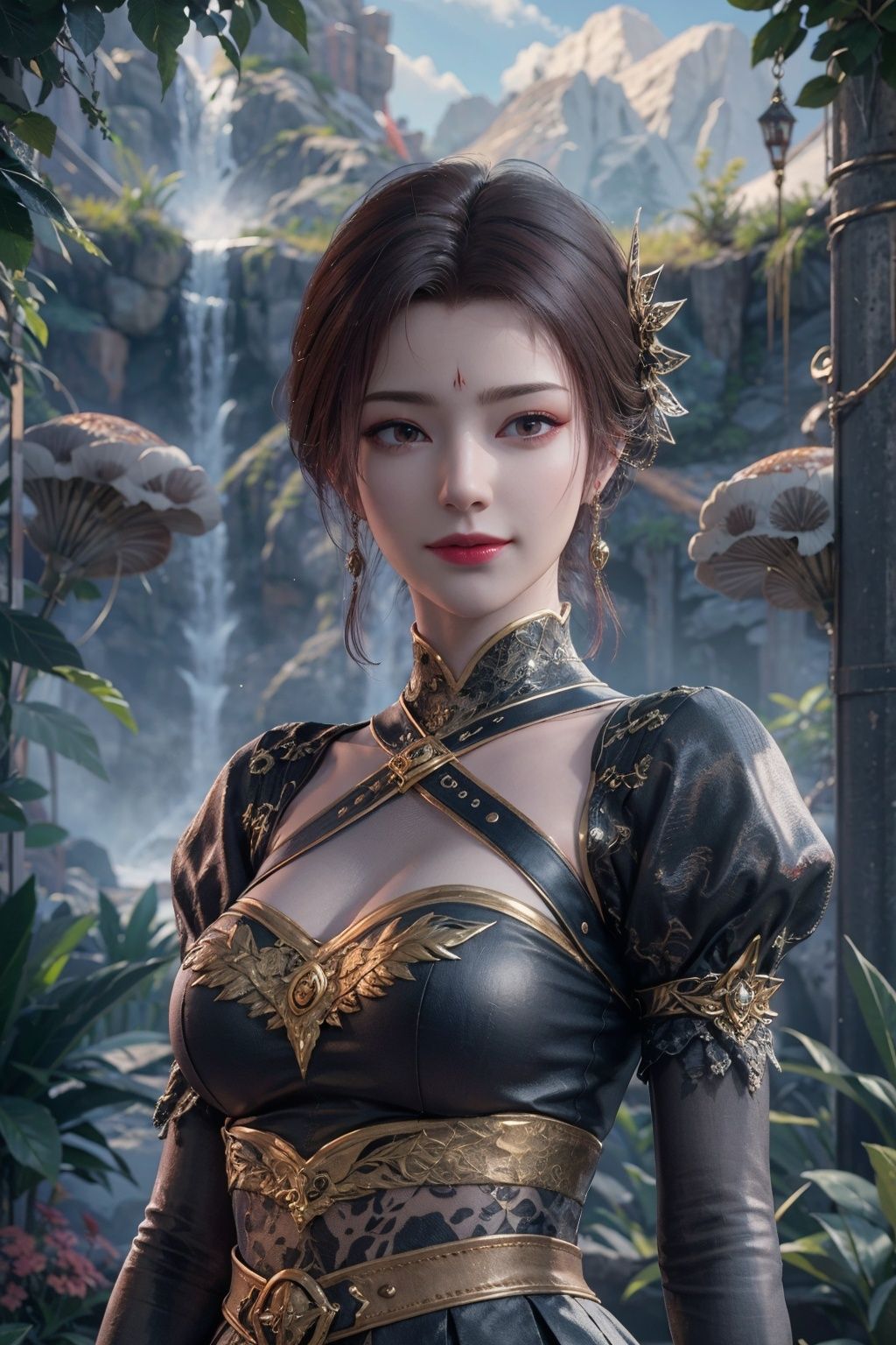 masterpiece,best quality,official art,extremely detailed CG unity 8k wallpaper,mushroom, mushroom house,cowboy shot,seductive smile, 1girl, pleated skirt, belt buckle, leaning forward, looking at viewer, light rays, light particles,  <lora:雅妃:0.55>