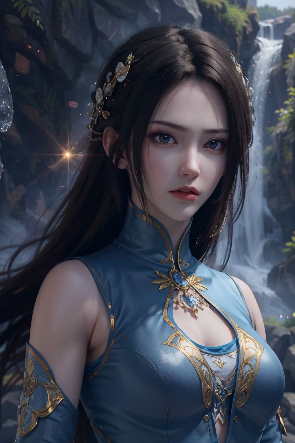 masterpiece,best quality,official art,extremely detailed CG unity 8k wallpaper,1girl, upper body, light rays, light particles, waterfall,  <lora:纳兰嫣然:0.55>
