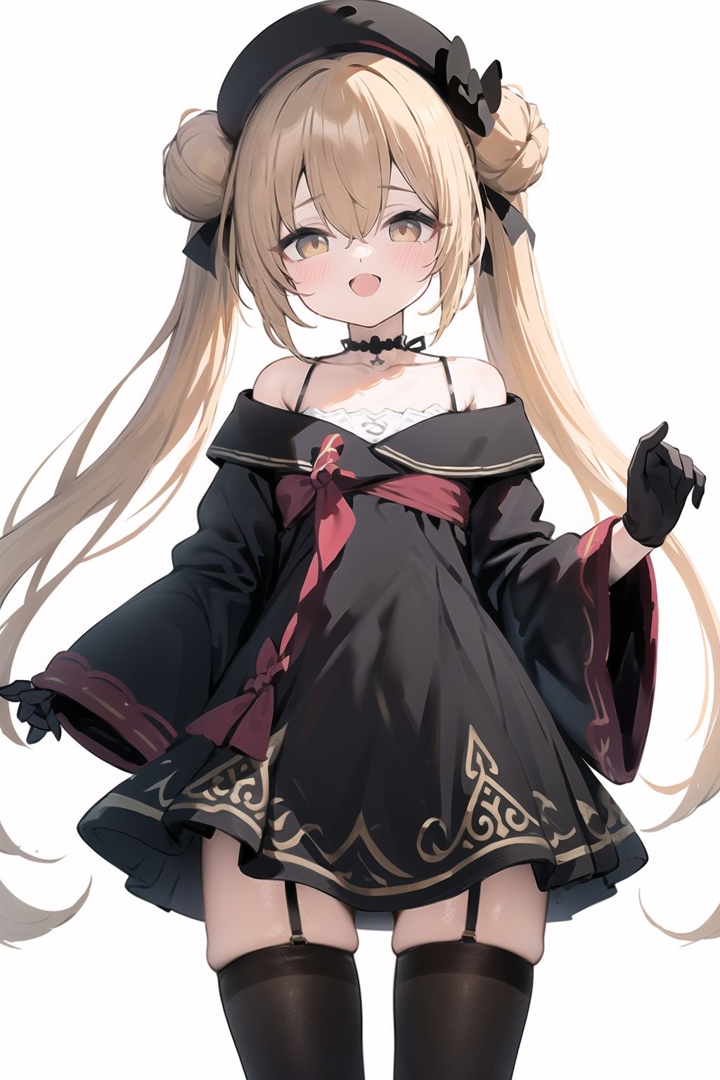 1girl, dress, double bun, hair bun, long hair, black dress, twintails, looking at viewer, smile, hat, bangs, brown hair, white background, solo, open mouth, blush, black headwear, very long hair, garter straps, thighhighs, bare shoulders, beret, :d, ribbon, black gloves, simple background, long sleeves, nail polish, black footwear, red ribbon, bow, gloves, wide sleeves, animal, hair ribbon, boots, red nails, sheath, sheathed, hair between eyes