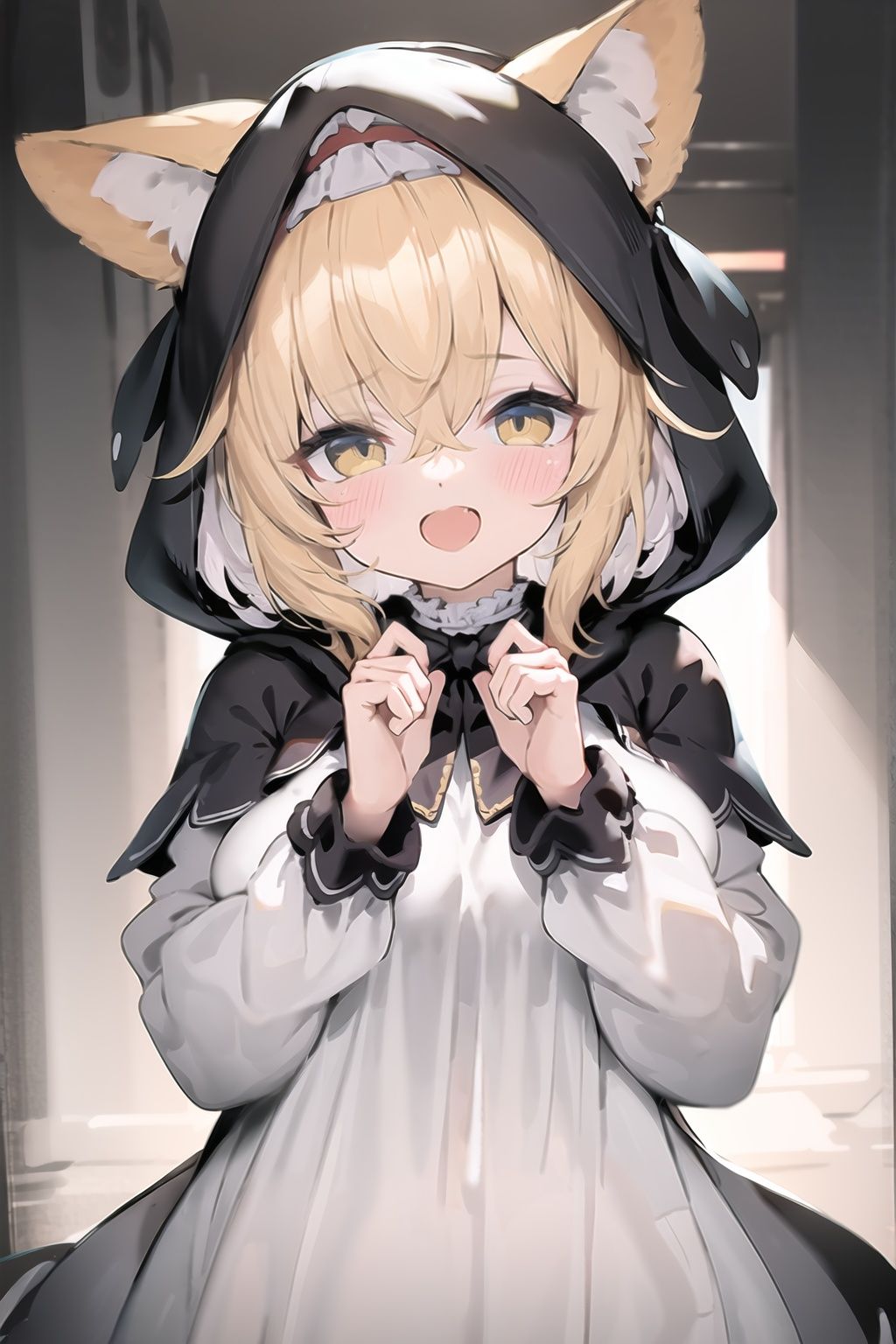masterpiece, ((best quality)),  dynamic angle, chromatic aberration, ((colorful)),1girl, solo, hood, animal hood, breasts, frills, smile, hood up, yellow eyes, capelet, hair between eyes, blush, dress, long sleeves, looking at viewer, animal ears, large breasts, black ribbon, bangs, puffy long sleeves, :d, frilled dress, hand up, open mouth, white dress, puffy sleeves, hooded capelet, virtual youtuber, frilled capelet, fang, white capelet, star (symbol)