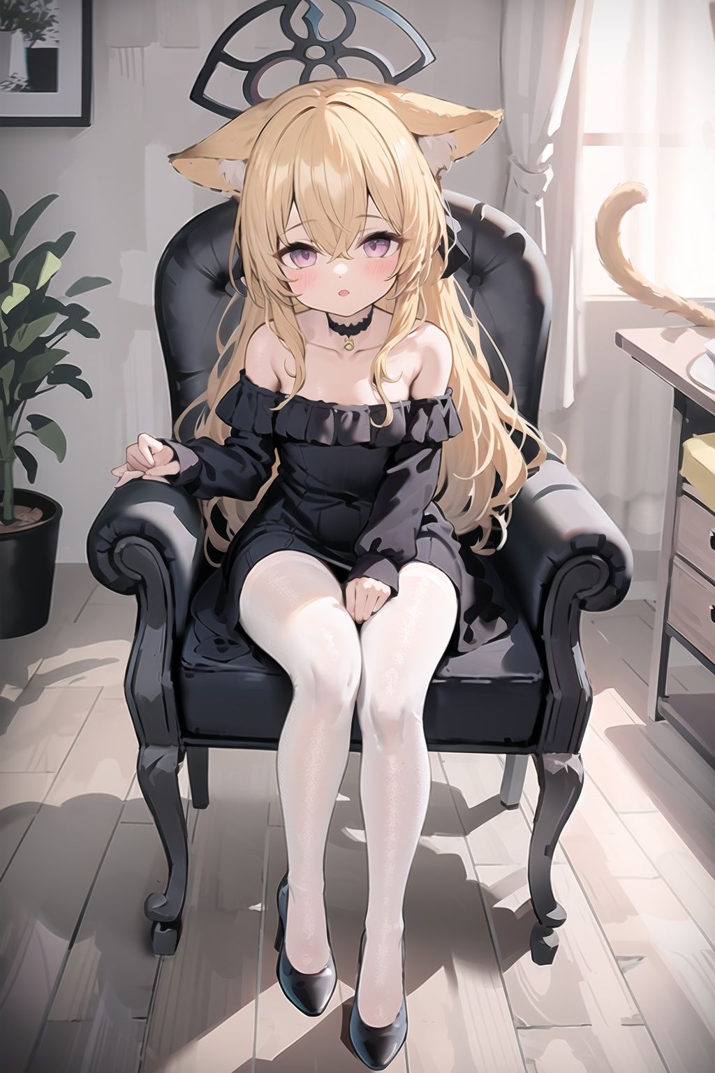 masterpiece, ((best quality)),  dynamic angle, chromatic aberration, ((colorful)),1girl, animal ears, dress, tail, solo, long hair, pantyhose, purple eyes, cat ears, cat, cat girl, cat tail, black dress, white pantyhose, standing, indoors, black footwear, animal ear fluff, looking at viewer, flower, off shoulder, full body, frilled dress, brown hair, long sleeves, blush, bangs, plant, choker, bare shoulders, potted plant, wooden floor, black choker, frills, boots, parted lips, very long hair, animal, blonde hair, chair, bow, collarbone, puffy sleeves, hair between eyes, shoes, black collar