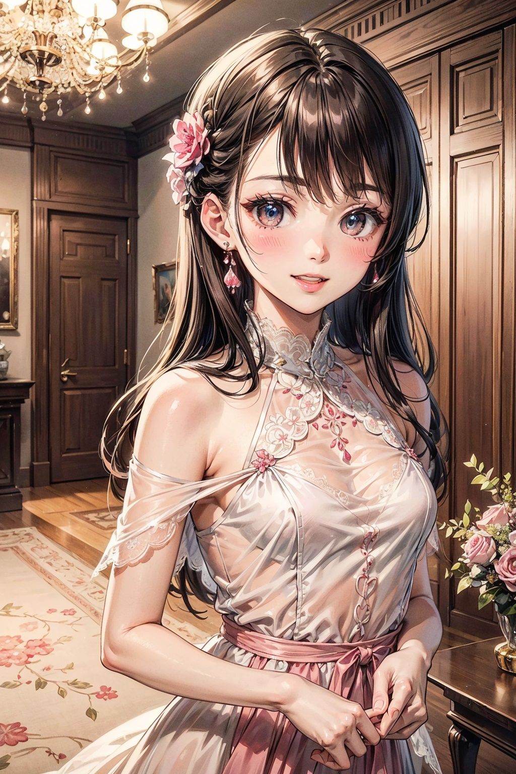 (masterpiece, the best, quality, refined character),
A beautiful woman, wearing a small pink fragrant dress, (delicate lace), a delicate fair face, wide eyes, blushing
solo
Smile, open your mouth, expose your upper body in front,
Walk forward, in the luxury villa living room, morning