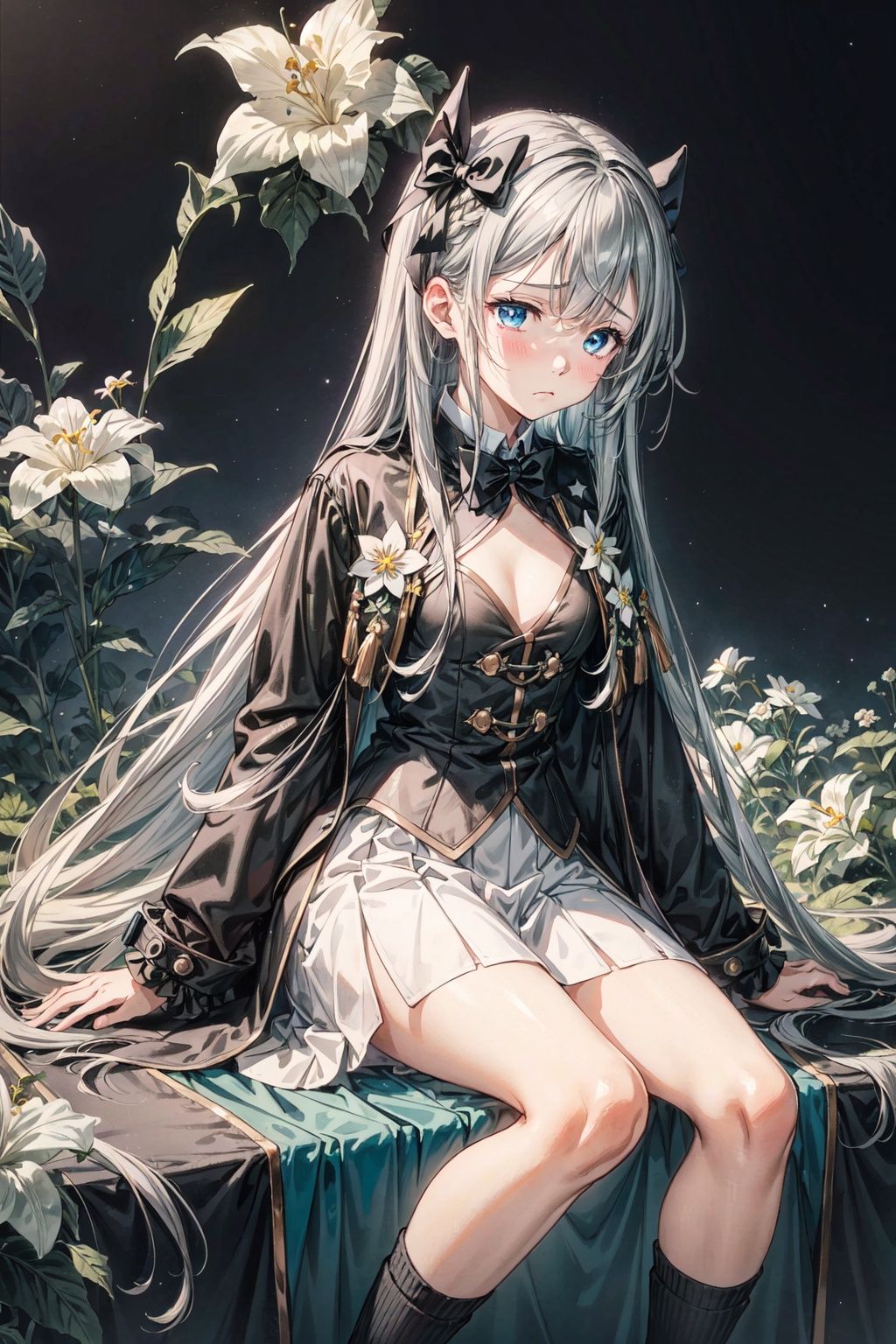 (1girl:0.6), thin, very long hair, black and grey hair,blue eyes, (detailed eyes), small breasts, black coat, white lining,green skirt, socks, closed mouth, (sad), star, Bow head, white flower, (black background), masterpiece, best quality, official art, extremely detailed CG unity 8k wallpaper, cozy anime,midjourney