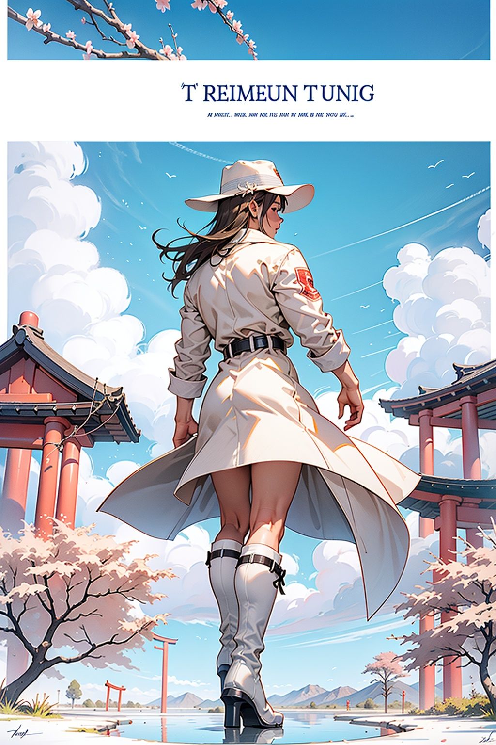 <lora:Niji5-000005:1>,niji5,((best quality)),((masterpiece)),((ultra-detailed)),(illustration),(detailed light),(an extremely delicate and beautiful),((trim)),incredibly_absurdres,(ray tracing),(reflection light),(Autumn),((Movie Poster)),(signature),(English text:1.8),((beautiful sky)),(stream),((mountain)),(cloud),((wetland)),((Salar de Uyuni)),(torii),(Cherry_blossom_tree),((fog)),(((border))),((trim)),(1girl:1.7),((solo)),((a beautiful girl)),(((full body shot))),((standding on liquid)),(facing away),(+perfect hand+:1.21),(((white coat))),((beautiful white dress+white knee boots)),((Belts)),((white hat)),(white scarf),(leg loops),(((long white_hair))),((Movie Poster)),(signature),(English text:1.8),((beautiful sky)),(stream),((mountain)),(cloud),((wetland)),((Salar de Uyuni)),(torii),(Cherry_blossom_tree),((fog)),(((border))),((trim))