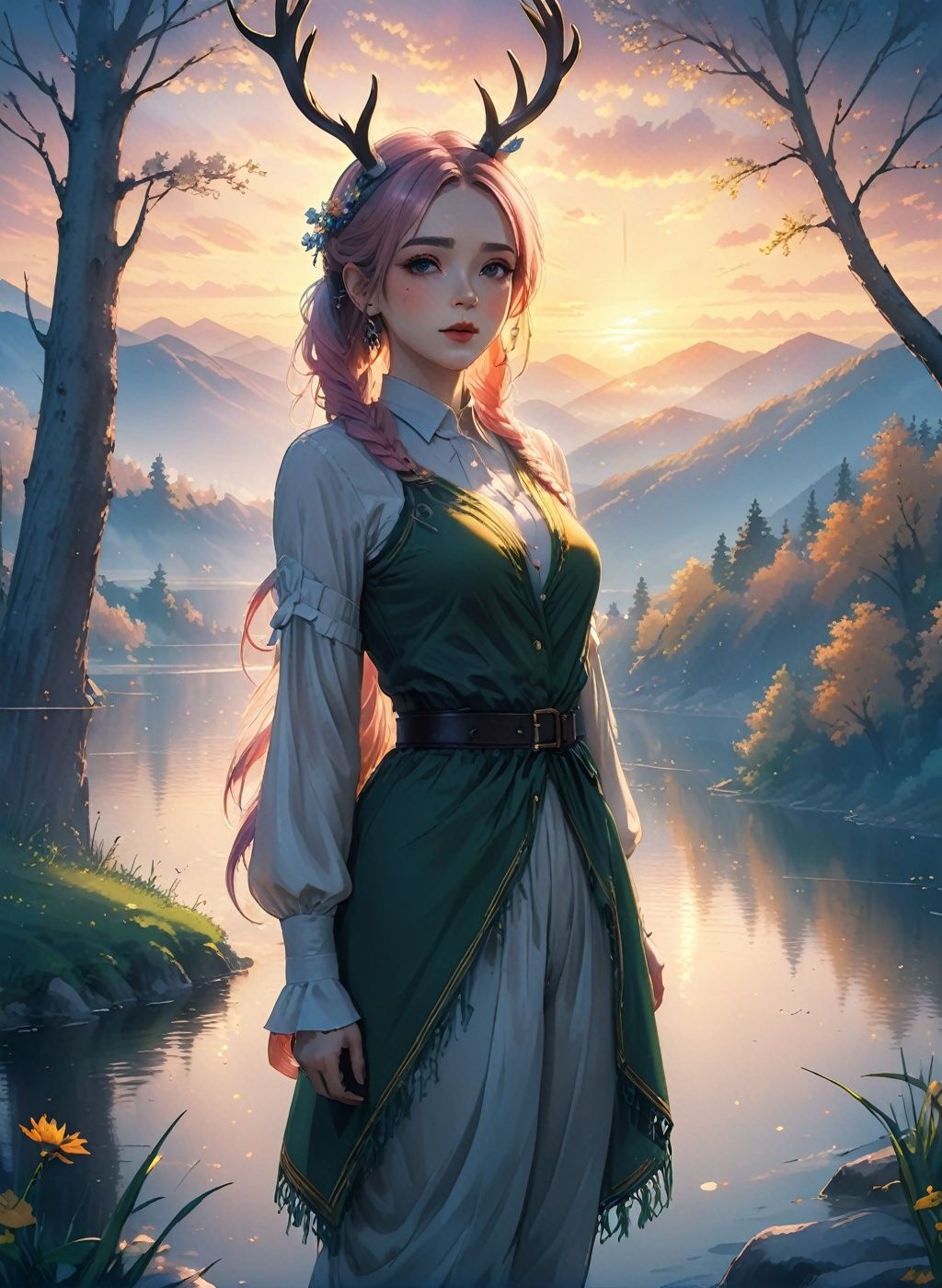 (1girl:1.5),look at viewer,(half body:1.2),colored hair,stand,(deer:1.3),sunlight penetrates through trees,lake,smoke,in spring,HDR,UHD,8K,best quality,extreme detail description,(EOS R8,50mm,F1.2,8K,RAW photo,Bokeh,,,