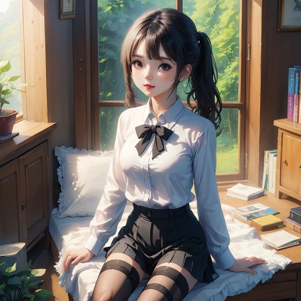 Indoor, a girl, uniform, long black stockings, contempt, bust, sexy, sand.