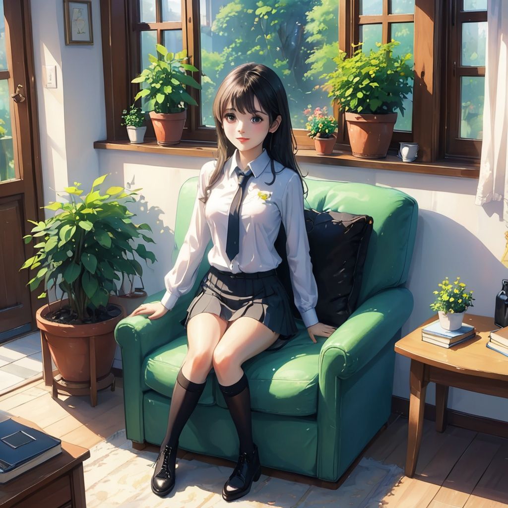Living room, upper body,sofa, girl in teacher's uniform, sitting on the sofa, french window, green plants, sunshine, black leather boots, black stockings, gentle, long blond hair