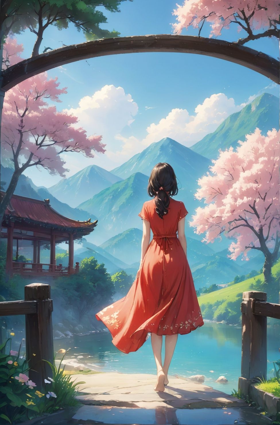 4K,The picture is rich in details,The color is bright,(((masterpiece))), best quality,(1girl:1.5),The painting style is clean,realistic,(best quality), {{masterpiece}}, {highres}, original, extremely detailed 8K wallpaper), solo, extremely delicate and beautiful, beautiful face, beautiful sunshine, (movement:1.2), cleavage, swimsuit, cameltoe, (happy:1.5), beautiful body shape,flat,nijistyle, high_contrast, (wind:1.5), tropical region background, full body, happy,
,jianjue,guofeng,jianniai